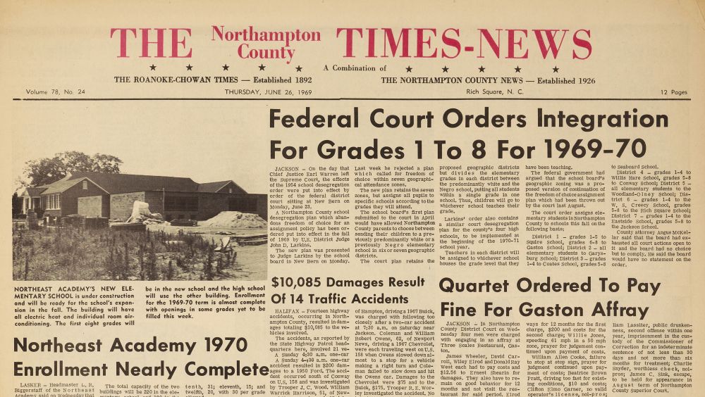 Top portion of June 26 1969 issue of the Northampton Times-News showing photo of school construction