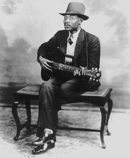 Blind Boy Fuller dressed in a suit and hat, looking to the right, sitting on a bench holding a guitar.