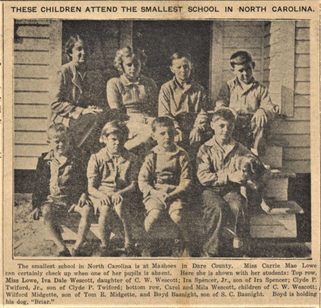 Clipping from February 17, 1939 issue showing the smallest school in North Carolina. A young female teacher and her seven students