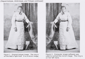 A comparison of a photograph and its mirror image. In the photo is a Black adult in a white dress standing and looking at the camera. 