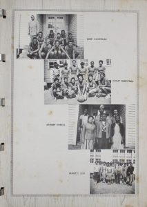 Multiple black and white group photographs of students, the top one is of a men's basketball team, the next down is of a woman's basketball team, the next image is of the student council, and the last image is of the dramatic club.