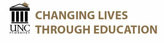 On the left side of the logo there is a Greek column building with a sun peaking over the top and UNC Pembroke written under it. On the right written out is: changing lives through education.