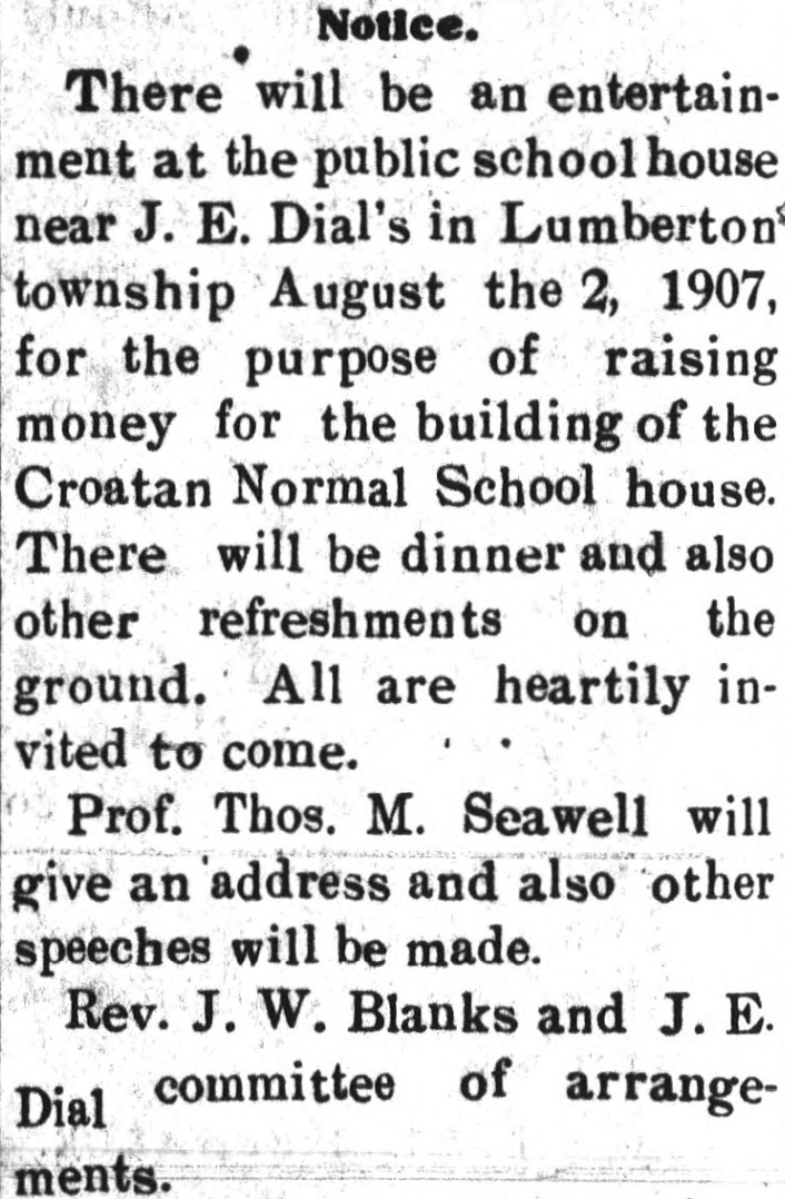 Newspaper clipping discussing a meeting in Lumberton to raise funds for the building of the Croatan Normal School house.
