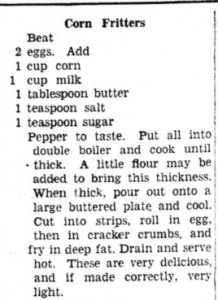 Newspaper clipping, The Independent, corn fritter recipe