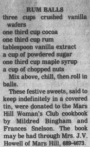 Newspaper clipping, The News-Record (Marshall, N.C.), rum balls recipe
