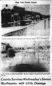 Black-and-white photos of commercial streets flooded.