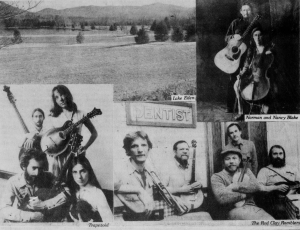 A collage of photos of folk bands posing with their instruments