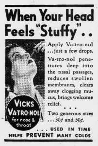 A newspaper ad for Vick's with an illustration of a woman putting medicine underneath her nose with a dropper.