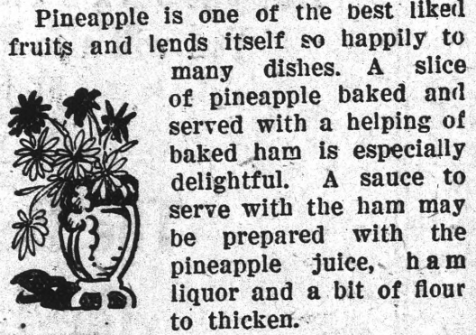 A recipe for baked pineapple and ham. Next to the recipe is a vase with flowers.