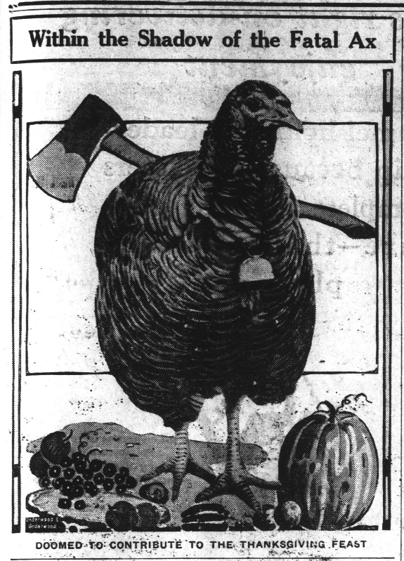 Image of a turkey with an axe behind them. At the turkey's feet there are various vegetables and fruits. The text at the top of the image reads: within the shadow of the fatal axe. The text below reads: doomed to contribute to the Thanksgiving feast.