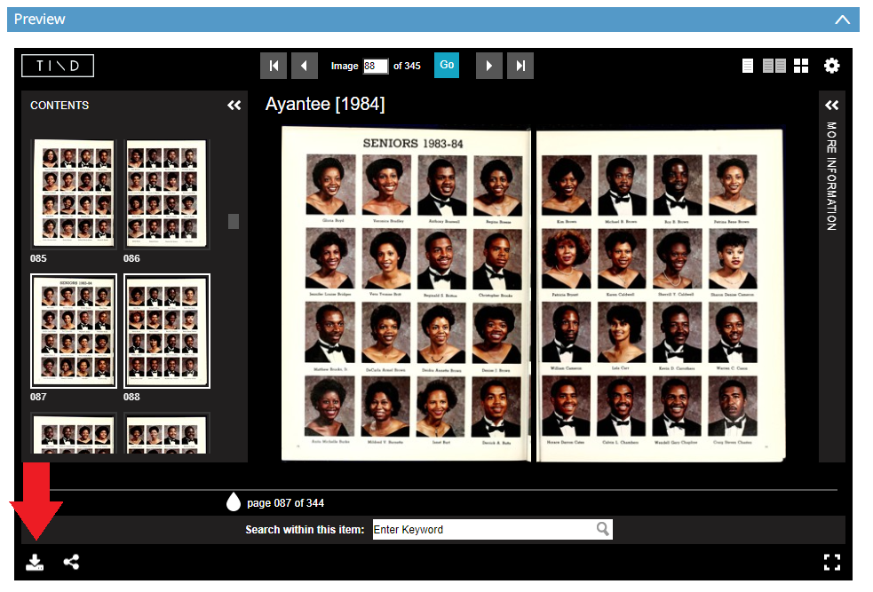 A screenshot of a yearbook spread inside of the universal viewer with download icon marked with a red arrow
