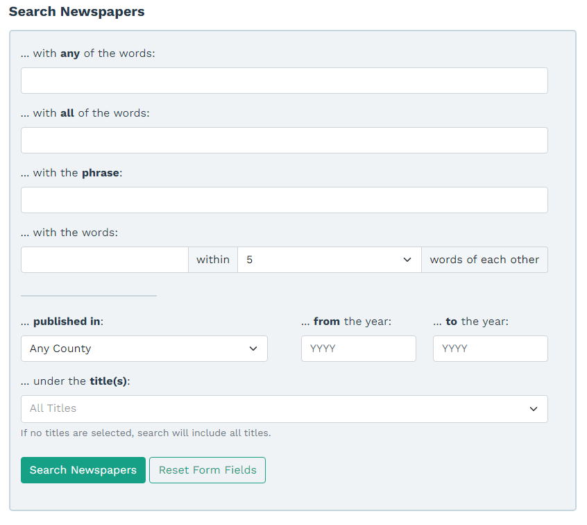 Screenshot of Newspapers advanced search interface