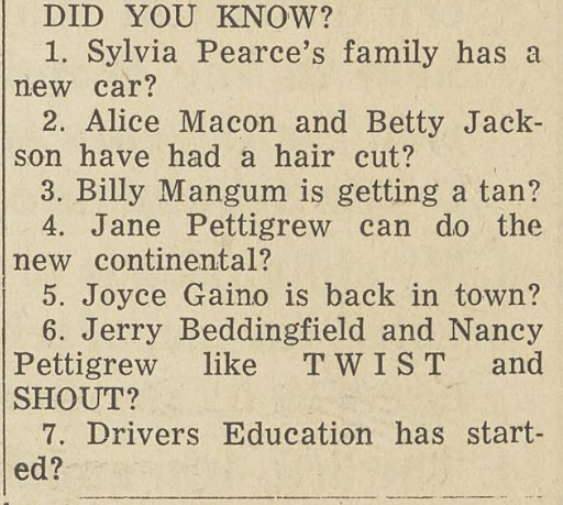 Clipping from gossip column called "This and That" listing what teens have been up to.