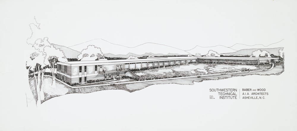 A black-and-white illustration of a campus building against a mountain range.