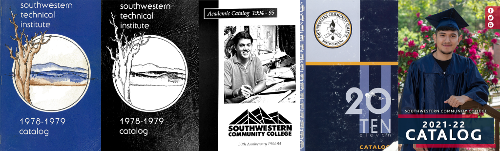 A banner of covers from Southwestern Community college. The first two have circles in the middle with scenes of mountains inside them. The middle one has a photo of a student studying. The second from right is an abstract blue and purple cover. The one on the right has a photo of a student in a dark blue graduation cap and gown.