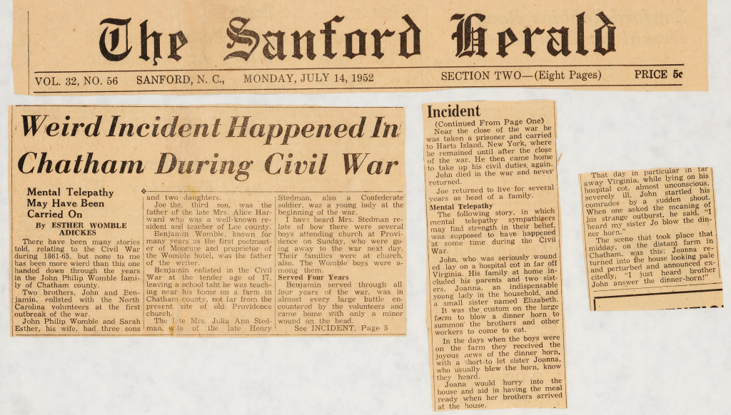 Newspaper clippings describing a "weird incident" of "mental telepathy" during the Civil War. The article was published in the Sanford Herald in 1952.
