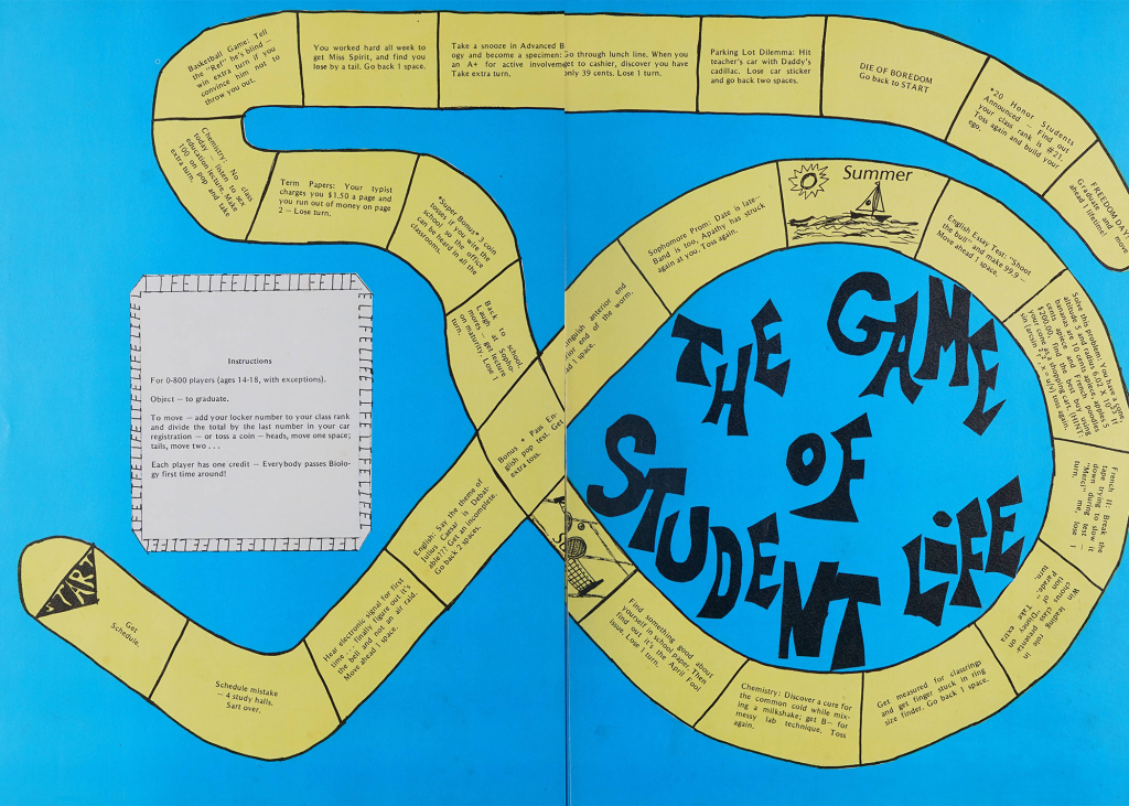 A spread of two blue yearbook pages with a winding yellow path called "The Game of Student Life." Each space on the path describes an event in the life of a high schooler and directs the player to make their next move.