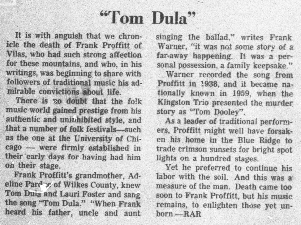 Newspaper clipping announcing the death of Frank Proffitt and describing his legacy as a folk singer, primarily his telling of the "Tom Dula" ballad.