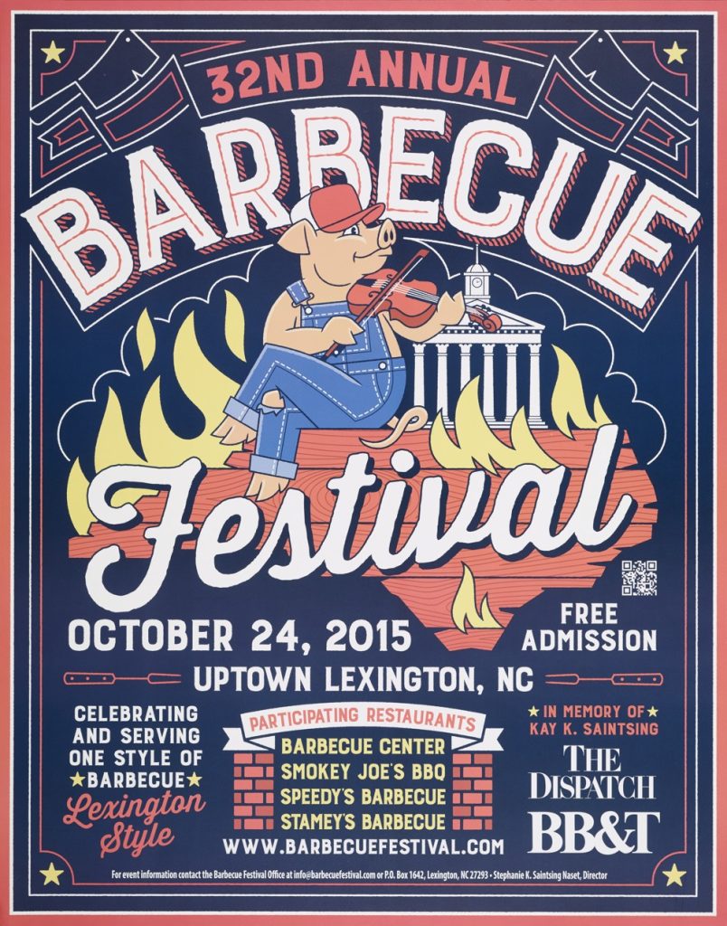 32nd annual barbecue festival poster. Images show a cow in overalls and a red hat playing a fiddle while sitting on top of an outline of North Carolina that has flames behind it.