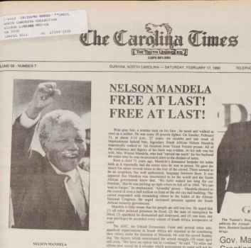 Headline from Carolina Times newspaper that reads "Nelson Mandela Free at Last! Free at Last!"