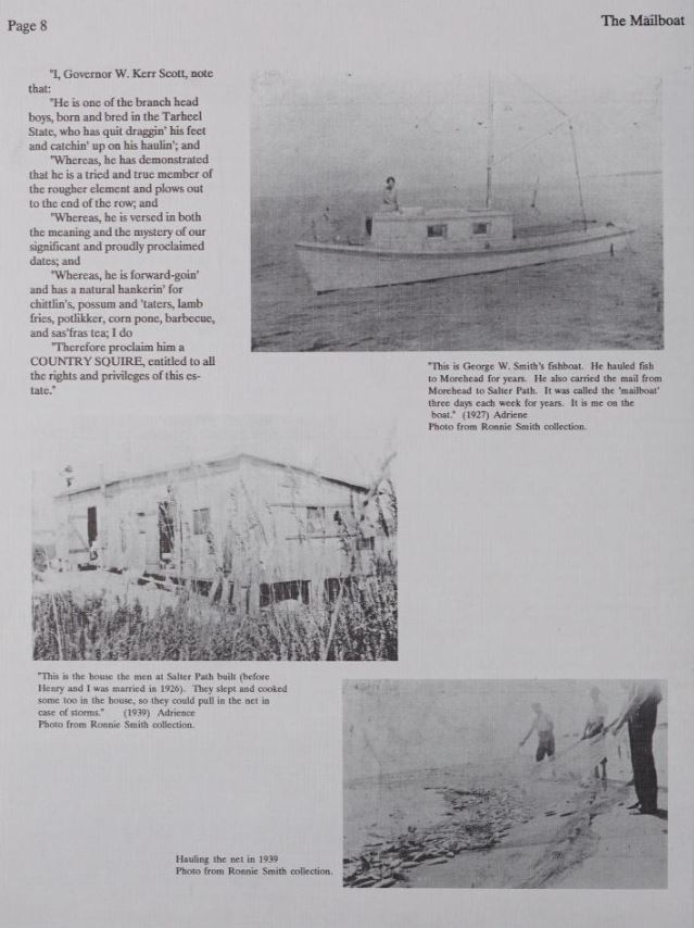 Black-and-white images of a person standing in a boat, a small house, and three people pulling a net out of the water with fish inside.