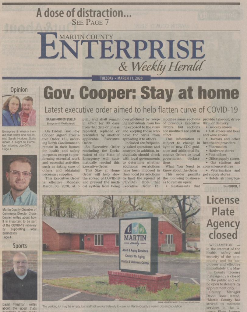 Top portion of the color front page of the Martin County Enterprise & Weekly Herald from March 31, 2020 with photographs of residents and buildings as well as article about COVID-19 executive order