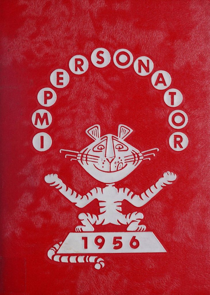 A red yearbook cover with a cartoon tiger squatting and juggling balls that spell the word "Impersonator."