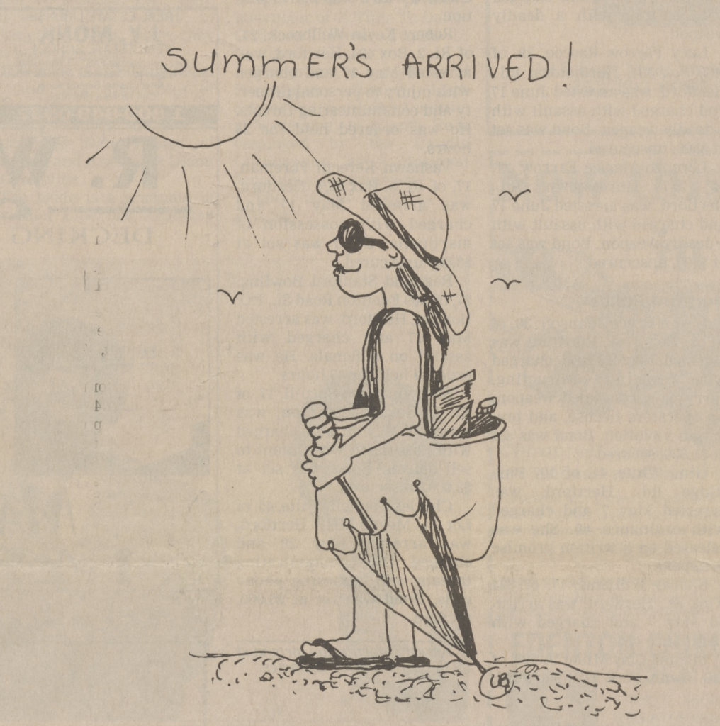A cartoon of a woman in a sun hat, sunglasses, and bathing suit holding beach supplies. She is standing on a beach under the sun. The caption at the top reads, "Summer's arrived!"