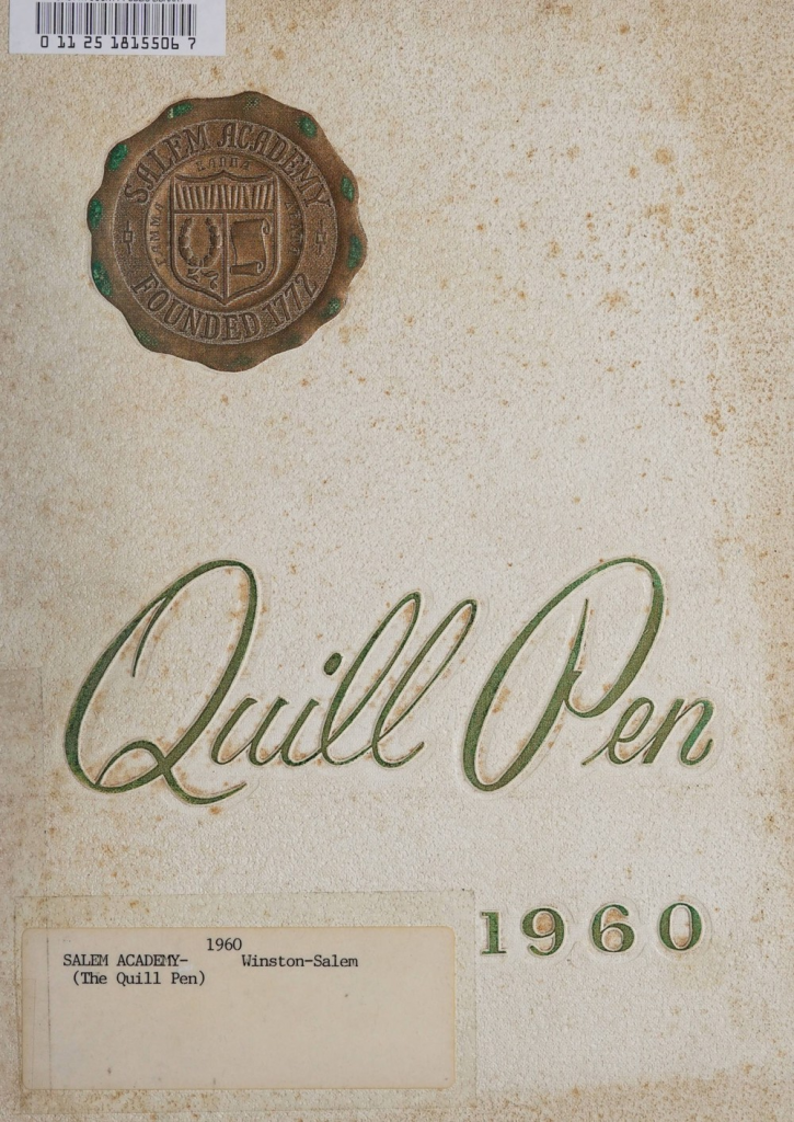A beige yearbook cover with the golden seal of Salem Academy in the top left. In green cursive letters, it says, "Quill Pen, 1960."