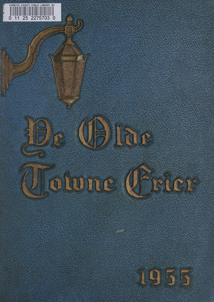A blue yearbook cover with a gold emblem of a light sconce hanging above the text on the left. The words read, "Ye Olde Towne Crier, 1955."
