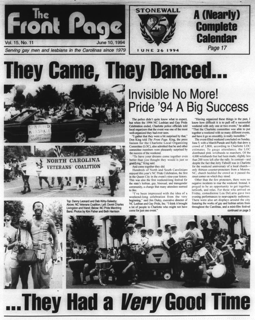 Black and white image of June 10, 1994 issue of The Front Page with photographs of the Pride parade.