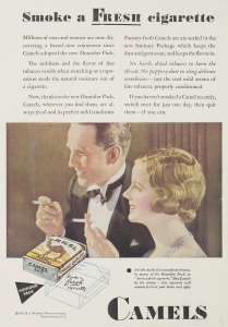 A color newspaper advertisement. The top half is text, and the bottom half is an illustration showing two white adults wearing formal clothing and smoking cigarettes.