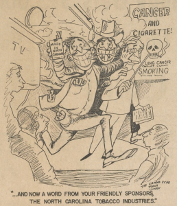 A cartoon of two rowdy men parading across a TV set and brandishing cigarettes. They are mostly obscuring a scientist giving a presentation on the dangers of smoking.