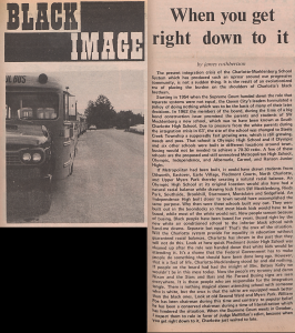 A newspaper clipping accompanied by a photograph of the front of a school bus.