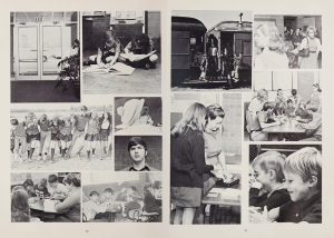 A yearbook spread showing a collage of black-and-white photos of white students at school.