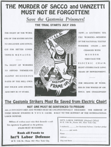 A flyer encouraging people to donate money to defend striking workers on trial. In the center is a cartoon of a man fighting a dragon with a sword.