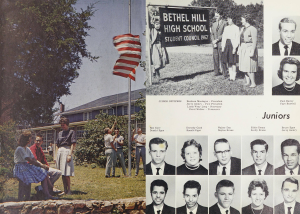 Two yearbook pages; the one on the left is a color photograph of students raising the American flag. The one on the right has black-and-white yearbook portraits of students.