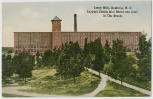 A post card illustration of a brick mill building surrounded by trees and grass.