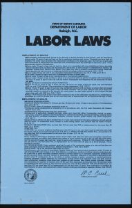 A blue poster with black text describing North Carolina labor laws.