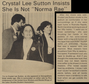 Newspaper clippings that include a photograph of Crystal Lee Sutton speaking at a podium with two people walking behind her.