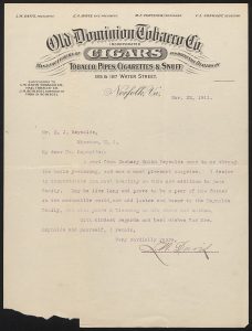 A typed letter with a large letterhead at the top representing Old Dominion Tobacco.