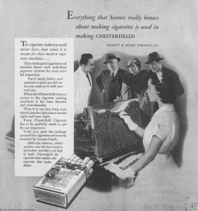 A black-and-white newspaper advertisement showing a young woman inspecting cigarettes in a machine while a male scientist and a group of onlookers observe.