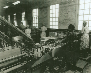 The inside of a factory where six adults in dresses are working at conveyor belts attached to a tobacco steaming machine. Their backs are to the camera.