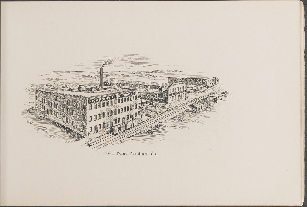 Drawing of three factory buildings
