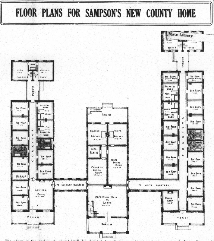 Black and white drawing of a floor plan with three wings, each room and area labeled.