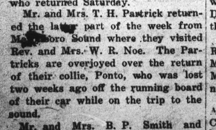black and white article about a dog, Ponto, returning to its family from the 7/8/1924 issue of the Sampson Independent