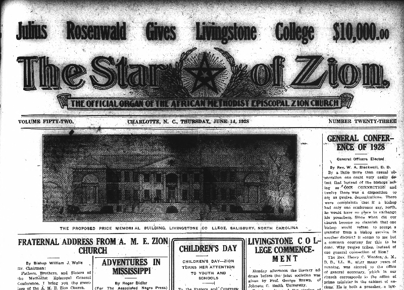 Black and white top 1/3 of a newspaper with Star of Zion masthead and front elevation sketch of a two-story building with many windows and columns