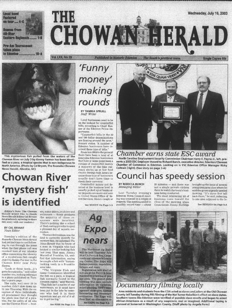 Black and white front page of the Chowan Herald from July 16 2003 with photos and articles