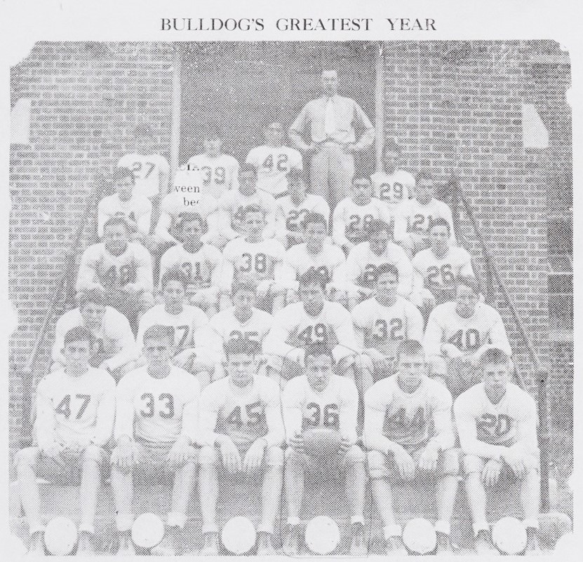 Henderson High School football players from 1938 sitting on a set of stairs with the caption "Bulldog's Greatest Year"