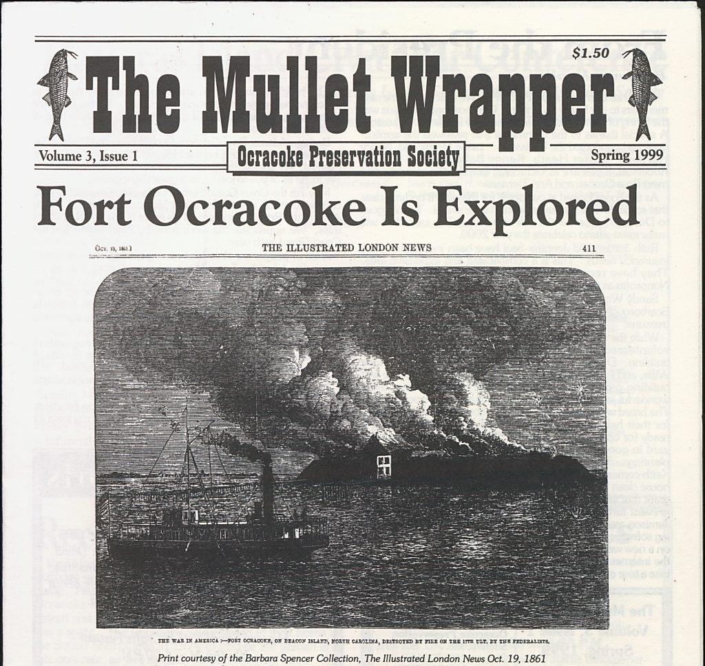 The front page of The Mullet Wrapper, with the headline "Fort Ocracoke Is Explored"